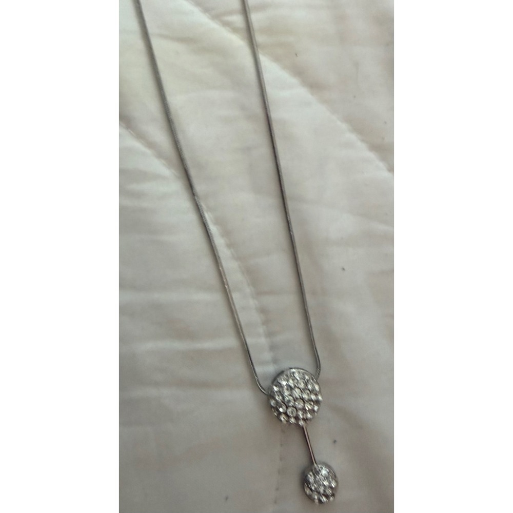Silver Tone Pave Crystal Double Ball Drop Pendant Snake Chain Necklace Womens
